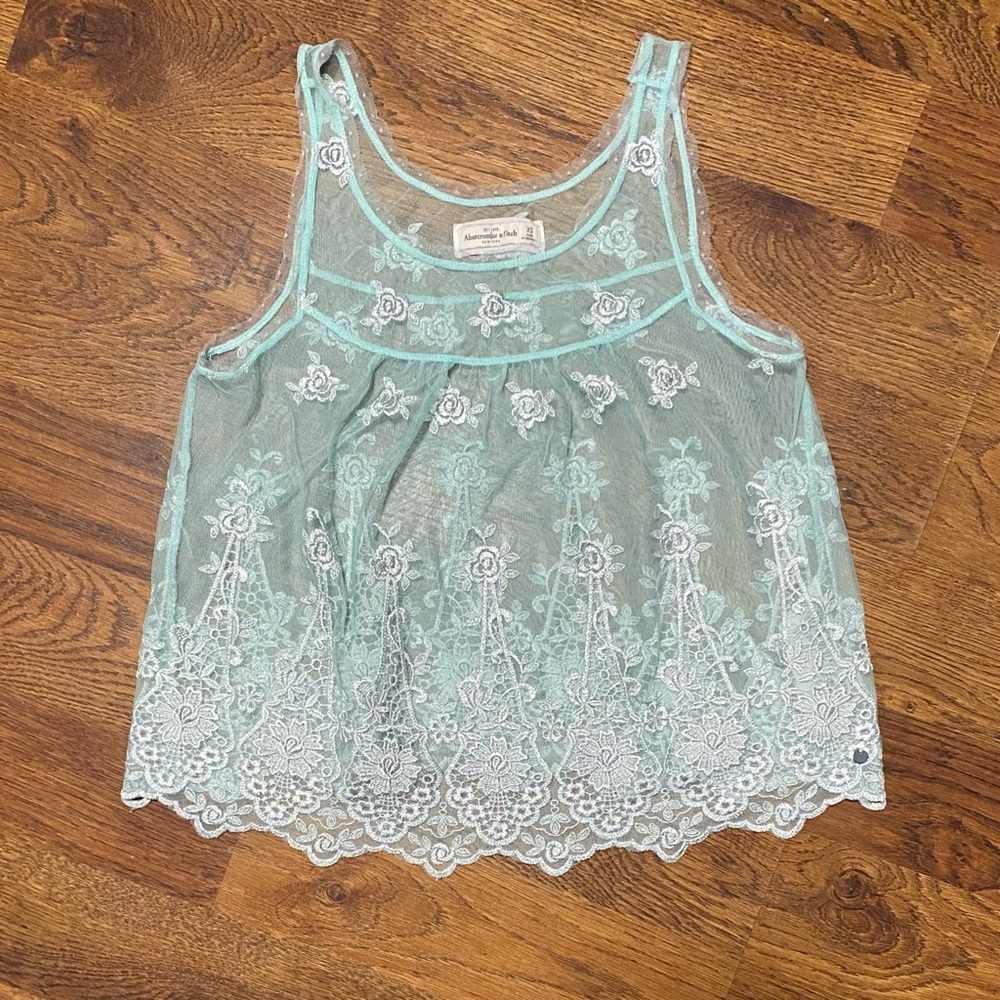 Abercrombie & Fitch Lace Mesh Babydoll Top XS Aqua Silver Y2K Vintage Festival